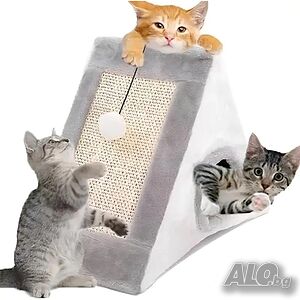 Къщичка за котки 4 в 1 - Драскалка, легло, играчка и уютно скривалище 39 x 45 x 14 cm