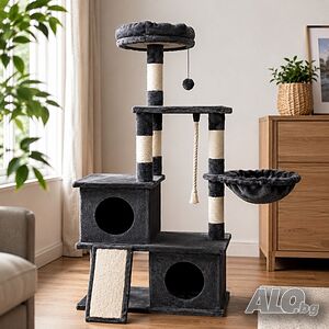 Драскалка дърво за котки XL 110 см - 5 нива, къщички, хамак и легло за игра и почивка
