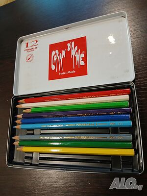 оригинален швейцарски комплект акварелни моливи Caran d’Ache Prismalo (12 цвята) в метална кутия