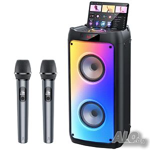 Караоке колона с 2 безжични микрофона, Bluetooth, 200W Peak, TWS и LED светлини