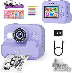 ASTGMI D500 Детски фотоапарат с моментален печат - 12 MP, 1080P, 32 GB, лилав