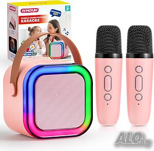 SYNCFUN Мини караоке машина с 2 безжични микрофона - Bluetooth високоговорител с LED светлини