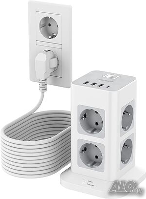 TESSAN разклонител с 8 контакта, USB-C и 3× USB-A, 10 м кабел, защита от претоварване- 3600W