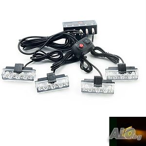 Блиц AMIO 4-LED, 4 броя Аварийни мигащи светлини, 12V-24V, маяци за пътна помощ, камион