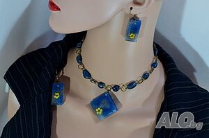 Бижута с естествени цветя чокър и обеци с апатит №3010