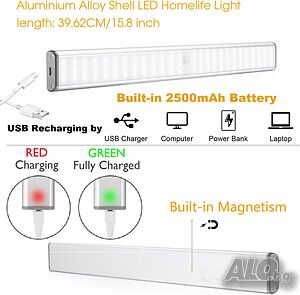 Безжична магнитна LED лампа с датчик 45см. / 2500mAh / Лампа Под Шкаф / Лампа за Гардероб