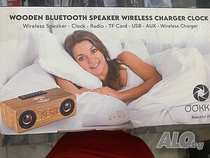 Дървен Bluetooth високоговорител/Будилник с FM радио/Безжично зарядно устройство