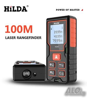 Лазерна ролетка HILDA, Обхват 100м, Точност ±2mm, Разстояние, Площ, Обем, LCD екран, Питагоро