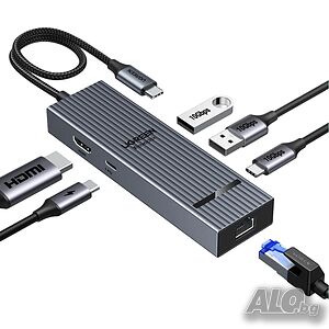 USB-C Хъб Ugreen Revodok 6-в-1 - 4K@60Hz HDMI, Gigabit Ethernet, 100W PD зареждане