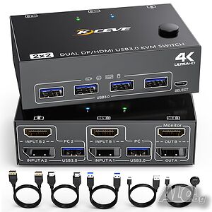 KCEVE DP HDMI USB 3.0 KVM превключвател за 2 компютъра и 2 монитора, два монитора