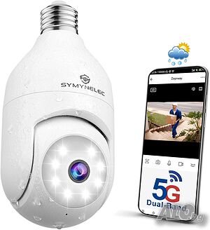 SYMYNELEC 5GHz/2.4GHz Външна водоустойчива камера за видеонаблюдение с крушка, охранителна камера