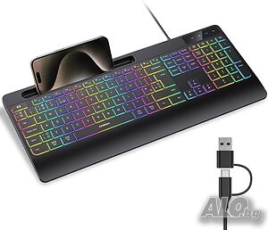 Жична тиха клавиатура Seenda KOE200 с RGB подсветка за лаптоп, черна