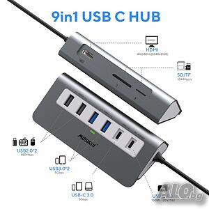 USB C Hub Многопортов адаптер, Mosirui 9-в-1 USB-C докинг станция с 4K HDMI, 5Gbps Type C 3.0