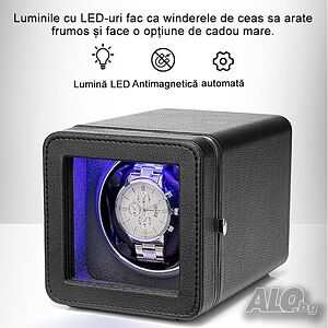 Кутия за автоматични часовници Безшумна, Watch Winder, Екологична кожа, USB, TYPE-C, LED, Черна