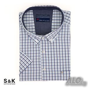 Мъжка Риза ГИГАНТ (6+XL-10XL) с Къс Ръкав - 100% Памук, Синьо Каре мод. 291