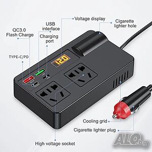 Инвертор преобразувател от 12/24V 220 V, 200W, дисплей, 4 x USB, Type C, QC 3.0 30W, изход 12 V
