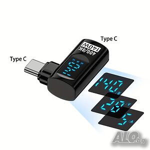 USB C към USB C адаптер 90 градусов, с LED дисплей, 8К, 40 Gbps 140 W, Power Meter, USB4 Thunderbolt