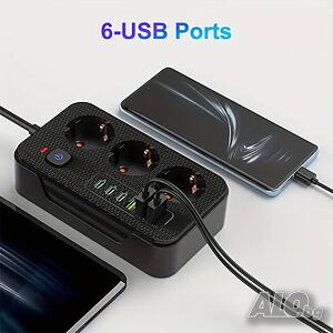 Разклонител с 3 гнезда, 3 USB и 3 TYPE C изхода, метра кабел