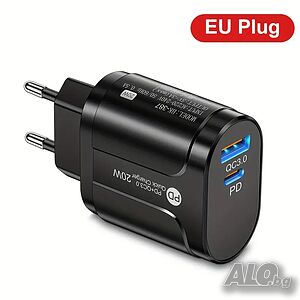 Зарядно за телефон с 20 W, Type-C + USB, QC 3.0, PD