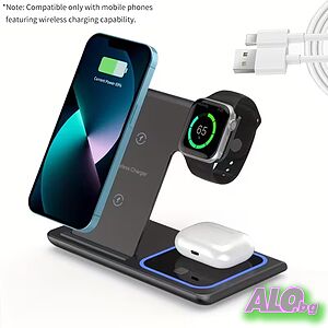 Безжично зарядно устройство 3 в 1, сгъваемо, QC 3.0, съвместимо с Apple и Android