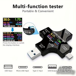 Мултифункционален USB / USB-C Цифров Тестер - Волтметър, Амперметър и Измервател на Капацитет