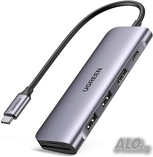 UGREEN USB C Hub 6 в 1 USB-C към 4K HDMI, 2 хUSB 3.0, PD 100 W, SD/TF четец на карти