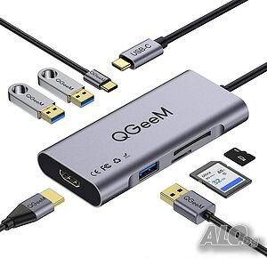 QGeeM USB C Hub 7 в 1 USB C,  4K HDMI,PD 100 W, 3 Х​ USB 3.0 порта, SD/TF четец на карти