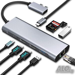 Saferell 9 in 2 USB C Hub, 2xHDMI 4K, 2xUSB 3.0, PD 100 W, Gbit LAN, Type C, четец за карти