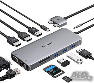 MOKiN USB C докинг станция 12 в 2, 2хHDMI 4K @ 60 Hz, VGA, MST/SST, 2xUSB 3.0/2xUSB 2.0,Gbps LAN