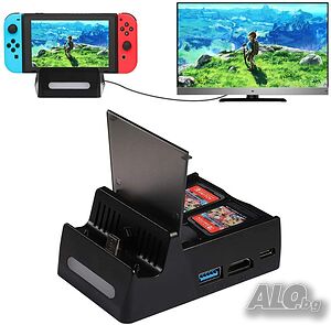 Докинг за Nintendo Switch, стойка за зареждане TYPE C, HDMI TV адаптер с USB 3.0 порт, 2 х USB 2.0