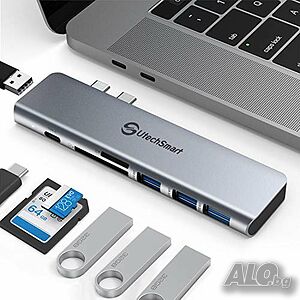 UtechSmart USB-C хъб 7 in 2, алуминиев, 3xUSB 3.0, USB 2.0, PD 100W, TF/SD четец