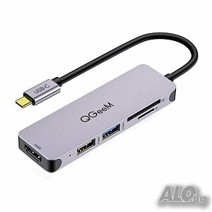 QGeeM USB Type-C Hub 5 в 1, USB 3.0, USB 2.0, HDMI, TF/SD четец на карти
