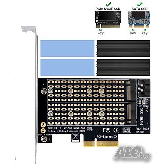 Двоен M.2 PCIe адаптер с радиатор, M2 NGFF SSD и NVME SSD към PCI-e 3.0 x4, M.2 M Key