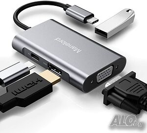 USB C хъб Manelord, VGA, 4K HDMI, двоен дисплей, 87W PD порт, USB 3.0