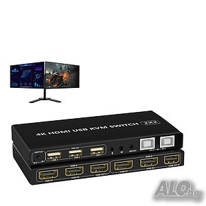 KVM превключвател двоен монитор 4K@60Hz, 2 HDMI порта KVM, 2 в 2 изхода