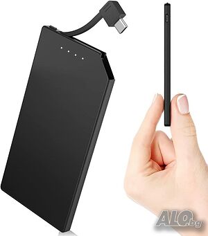 Auskang 5000mAh ултратънък преносим Power Bank с вграден Type-C кабел