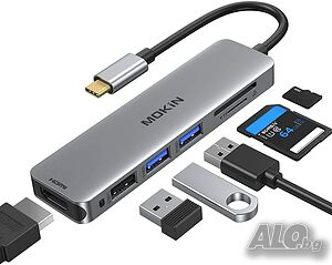 MOKiN USB C хъб 6 IN 1 към HDMI 4K@60Hz, 2х USB 3.0, USB 2.0, SD/ TF