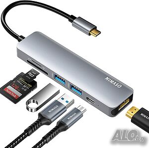 NIMASO USB C хъб, 7-в-1 към 4K HDMI, 2 USB 3.0 порта, SD/TF четец на карти, 60 W PD