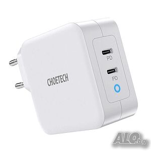 Choetech GaN Fast Charger 100W USB-C PD - 2 x USB-C изхода и с технология за бързо зареждане (бял)