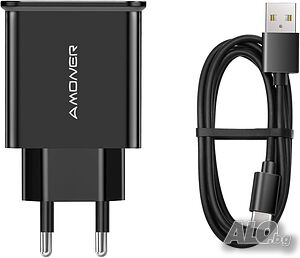 Amoner 25W 2-портово aдаптивно бързо зарядно устройство, с кабел USB C
