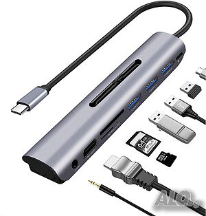 USB C Hub 8 в 1, 4K HDMI, 3xUSB 3.0, PD 87 W, Audio jack, SD/TF четец
