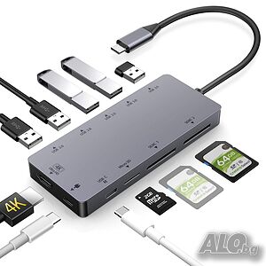 USB C HUB 11 в 1, 4KHDMI, Type C, 3.5mm Audio, PD 100W, 3xUSB2.0,2xUSB3.0, Double SD четец, TF четец