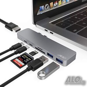 JCK USB C хъб 7 in 2,  4K HDMI, USB-C, Thunderbolt 3 PD 100W, 2 USB 3.0, SD/TF четец на карти