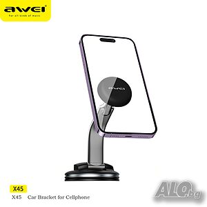 Awei X45 стойка за телефон за кола за предно стъкло и табло, магнит, 360°