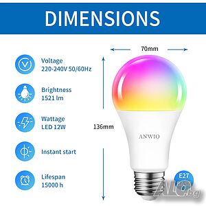 ANWIO E27 Smart WiFi LED лампа, 1521Lm, 12 W, Alexa, Google, TUYA,SmartLife, E27