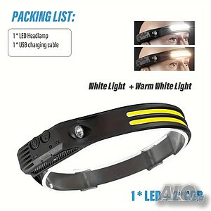 LED челник 2 x COB ленти + XPE, сензор за движение, eластична лента, Type C
