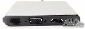 8 в 1 USB C хъб, алуминиев, 3xUSB 3.0, HDMI 4K, 1080P VGA, PD 87W, 1000 Mb LAN, 3.5 mm Audio