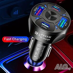 Зарядно за кола с 2 x USB и 2 x Type C порта, Fast Charge, QC 3.0
