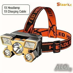 Акумулаторен LED челник 5 светлини, CREE LED + COB CREE LED. 4 режима на светене, micro USB
