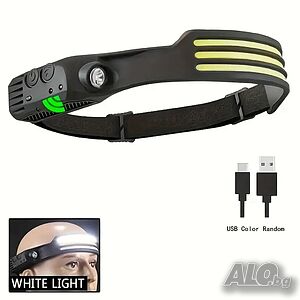 LED челник 3 x COB бели ленти + XPE, сензор за движение, eластична лента, Type C